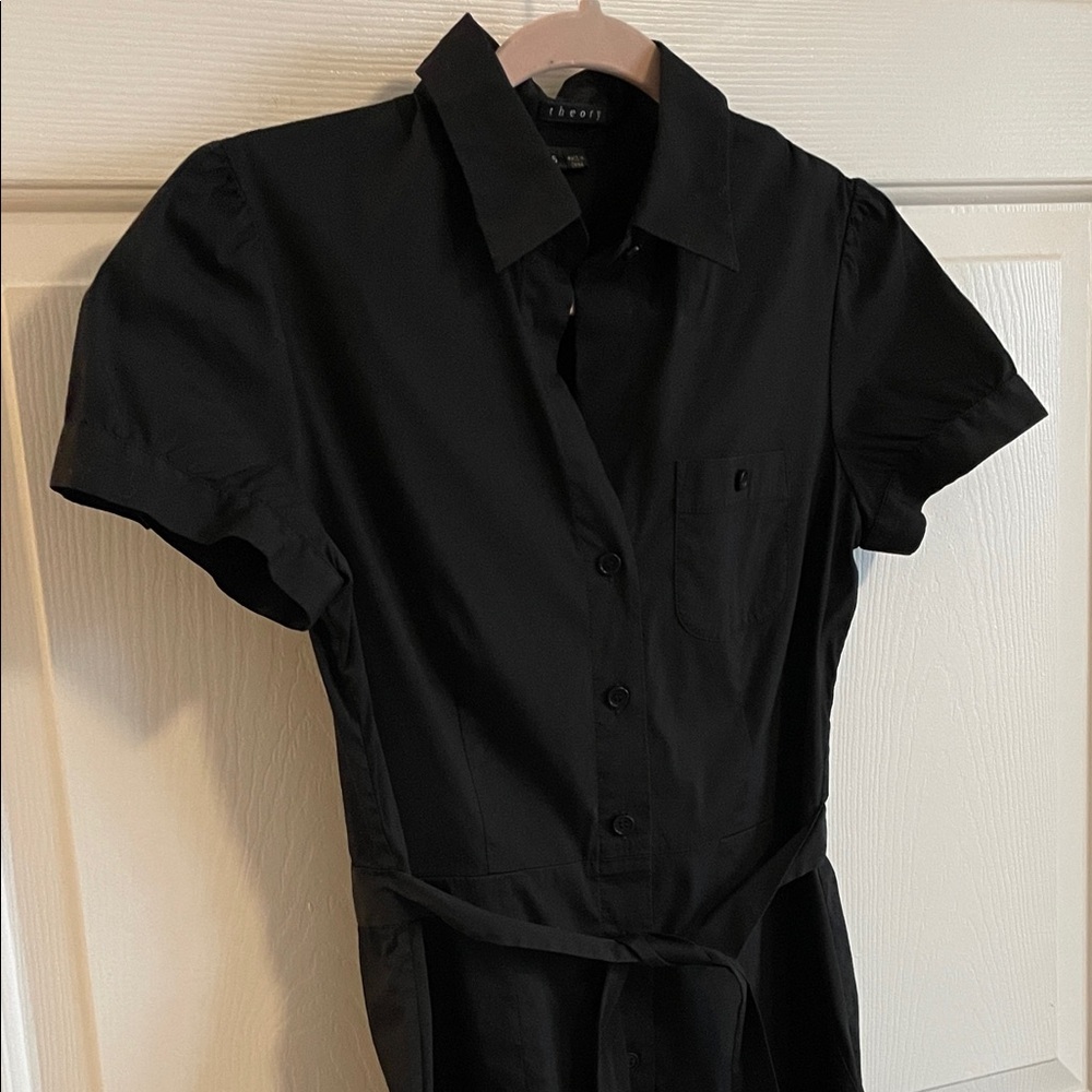 THEORY Elegant Black Shirt Dress Button Front Tie at Waist Size 6 Stretch